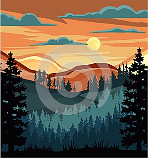 Night landscape with sunset, pine forest. linear vector illustration colored