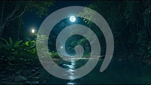 night landscape with the super moon, dark forest, stars, and water reflection.