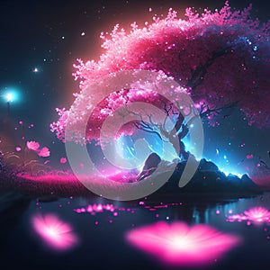 Night landscape with tree, lake and magic lights. Vector illustration. generative AI