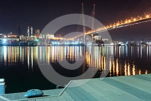 Night landscape of the Tsarevich embankment overlooking the Golden horn Bay and buildings on the coastline