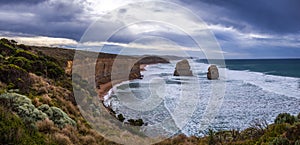 Silver rays of the moon light. Wide panorama at night Twelve Apostles Sea Rocks near Great Ocean Road, Port Campbell National Park