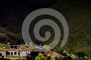 Night landscape. The village is asleep. Abandoned village houses