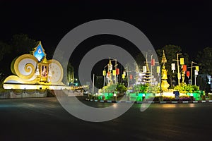 Night landscape at  water fountain circle in downtown. Phrae, Thailand