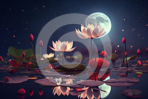 Night landscape with water lilies in a swamp against the background of the moon
