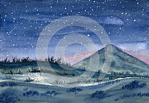 Night landscape. Watercolor painting.