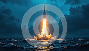 Night Launch of a Space Rocket from the Ocean