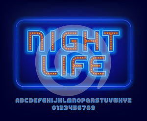 Night Life alphabet font. Blue neon letters, numbers and symbols.