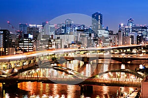 Night light shot of Sumida river and Umaya Bashi - Kuramae Bashi bridge. Tokyo - Japan