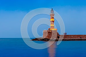 Night Lighthouse in old harbour, Chania, Crete