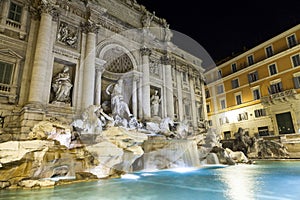 Night lighting of Trevi fountain in Rome