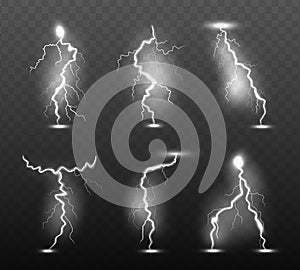 Night lightning. Glow stormy weather light effects power energy electricity thunder rain strike in sky vector realistic