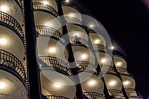 Night lights of balconies of hotel rooms