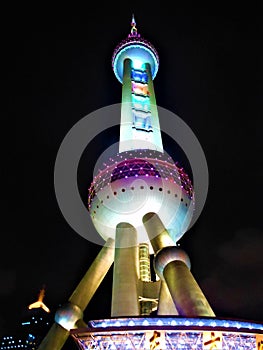 Night, lights and colours in Shanghai. Oriental Pearl Tower