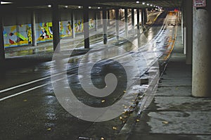 Night lights in the dark cold city tunnels