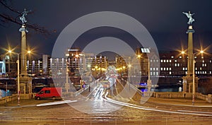 Night lights in Prague. Landmark attraction: Vltava River, Svatopluk Cech Bridge - Cechuv most - Czech Republic