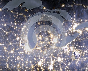 Night Lights of U.S. Cities, Vivid Night Pollution of Chicago City Agglomeration. A view from space. Image elements courtesy of