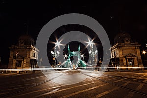 Night long exposureof Szechenyi Chain Bridge in Budapest,Hungary. Szechenyi lanchid,chain bridge that spans the River Danube