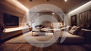 Night luxury hotel room interior. Amazing living room. Created with generative AI