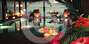 night Luxury resort poool glasses of wine and candles with tropic roses flowers spa relaxing background