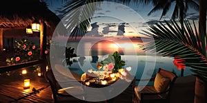 night Luxury resort poool glasses of wine and candles with tropic roses flowers spa relaxing background