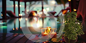 night Luxury resort poool glasses of wine and candles with tropic roses flowers spa relaxing background