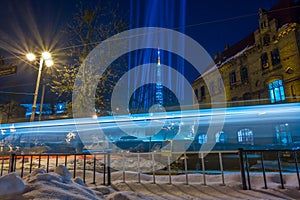 Night Lviv old city architecture in the winter season. Buildings highlighted by the illumination