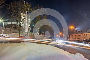 Night Lviv old city architecture in the winter season. Buildings highlighted by the illumination