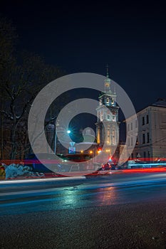 Night Lviv old city architecture in the winter season. Buildings highlighted by the illumination