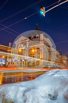 Night Lviv old city architecture in the winter season. Buildings highlighted by the illumination