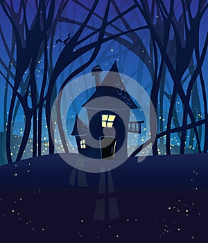 Night magic scene with a house in the woods.