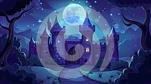 At night, medieval castle wall and wooden arched gate under a starry sky and full moon. Fantasy magic ancient