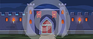 Night medieval fortress gate. Nocturne fantasy kingdom entrance, royal stronghold cartoon vector background illustration