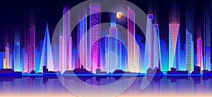 Night metropolis buildings on seashore flat vector