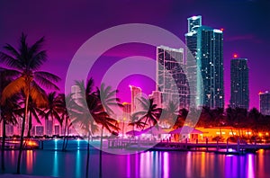 Night at Miami Florida. America. Generative AI Illustration.