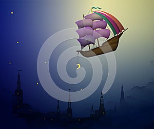 Night miracle, ship in the evening sky in clouds above the city, fairy boy putting moon on the night sky, fairy