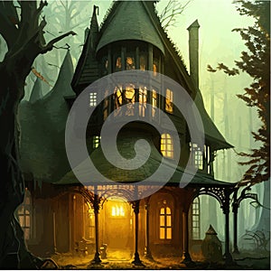 Night moonlight fantasy house in dark spooky dark forest in fog fantasy scene