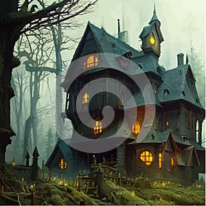 Night moonlight fantasy house in dark spooky dark forest in fog fantasy scene