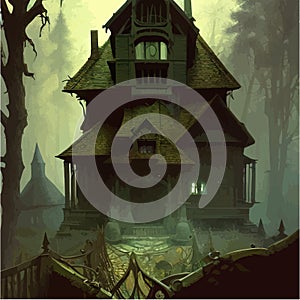 Night moonlight fantasy house in dark spooky dark forest in fog fantasy scene