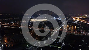 Night Moscow with Luzhniki Stadium, aerial view