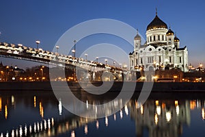 Night Moscow. Orthodox church and the bridge through Moscow-river