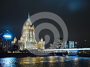 Night moscow signature architecture, river, lights, highway, tra