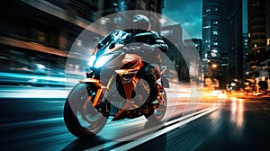 Night motorcycle driving downtown colorful on city streets , like colorful flashes, flash light car photo , Generate AI