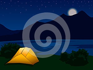 Night mountain landscape with illuminated orange tent.