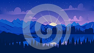 Night mountain landscape with pine forest, lake or river vector illustration. Cartoon evening scenery, reflection of