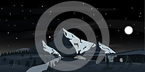 Night mountain summer landscape with stars and the moon in the reflection of the river. Vector illustration