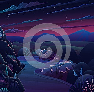 Night in mountaine road, vector cartoon scenery. Hills and tall trees, pine forest on horizon