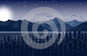 Night mountains landscape with forest and river on starry sky