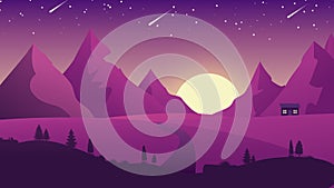 night mountains in the landscape a little house with moon and stars vector