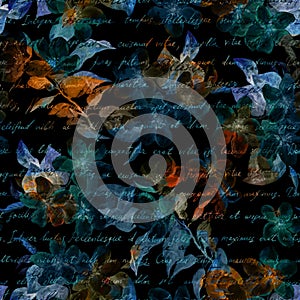 Night mysterious flowers, hand written letter text. Black background. Seamless pattern