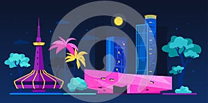 Night neon buildings of Israel - modern colored vector illustration